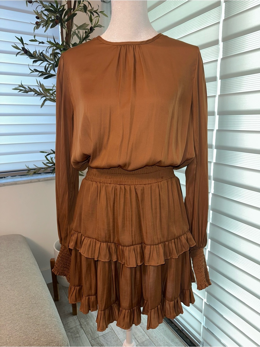 DO+BE Satin Mock Neck Smocked Ruffle Mini Dress Caramel Ocre S